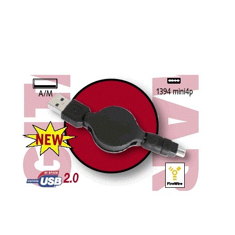 CABLE USB 2.0 RETRACTIL CABLE PLANO TIPO A/MACHO - IEEE 1394 MINI 4P 0.80 METROS